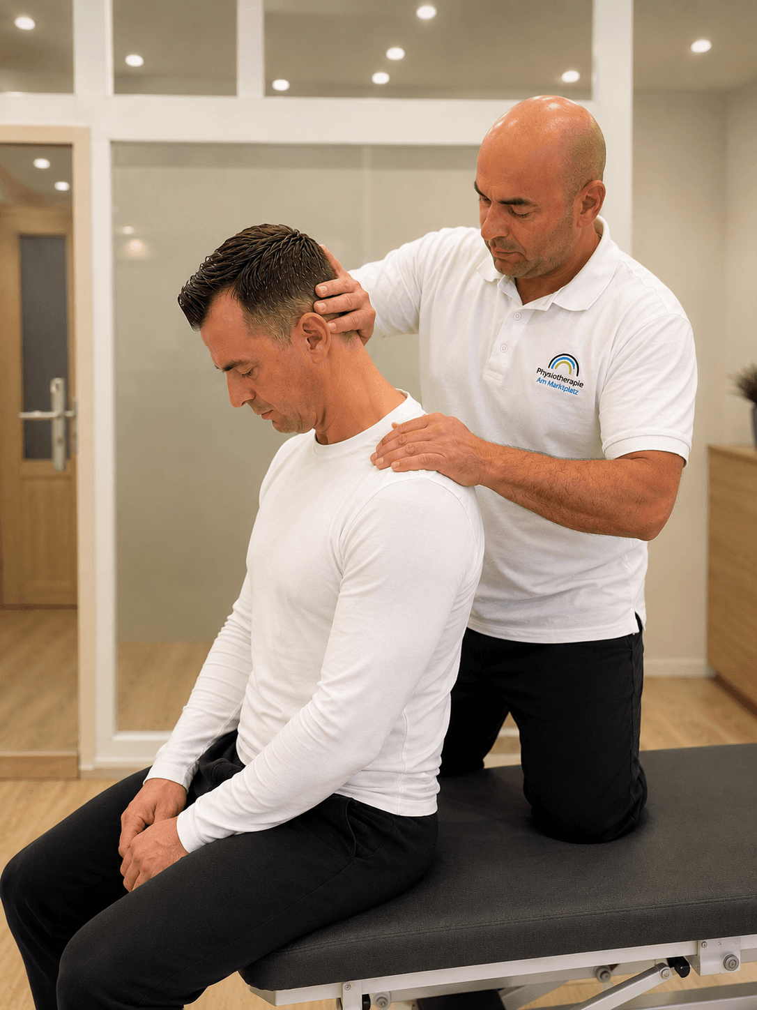 Gezielte manuelle Behandlung der Halswirbelsäule in ruhiger physiotherapeutischer Umgebung