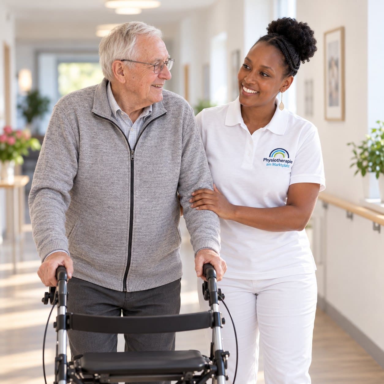 Gehtraining mit Rollator in einer Pflegeeinrichtung
