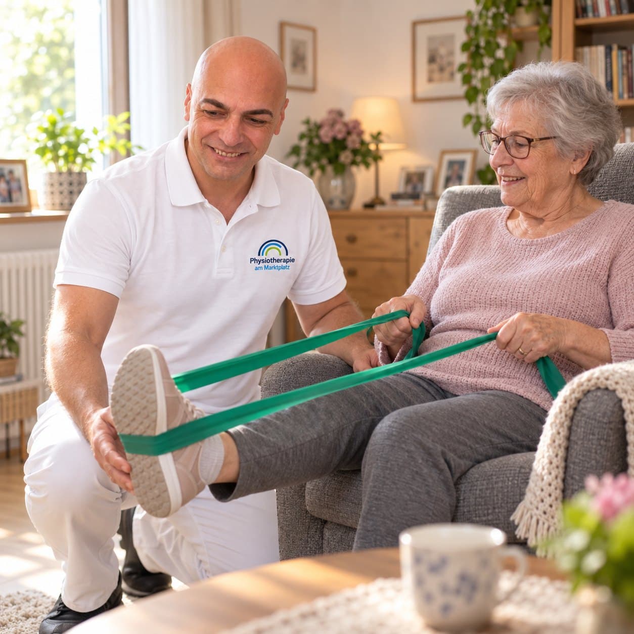 Hausbesuch: Kräftigungsübung mit Theraband im Wohnzimmer
