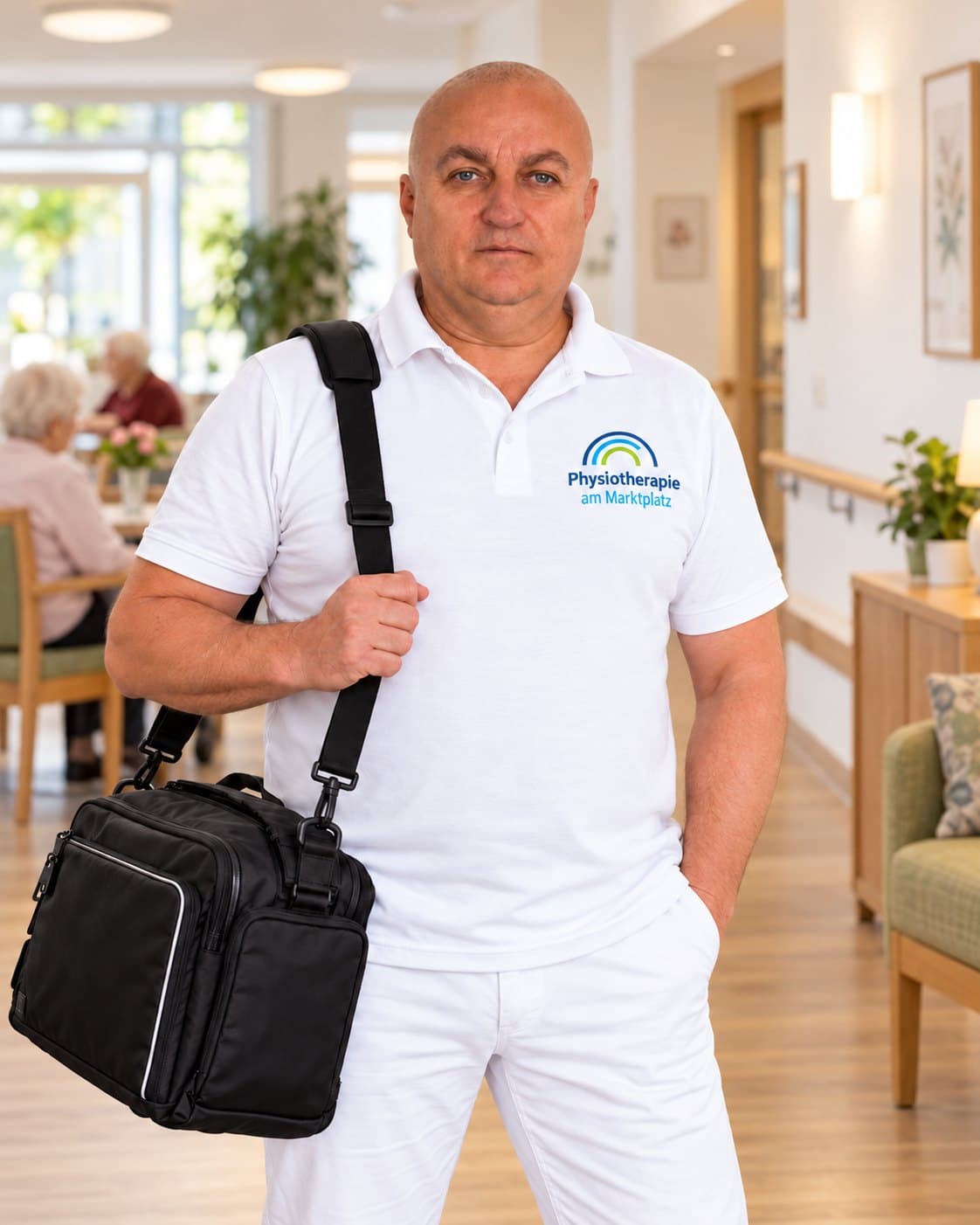 Physiotherapeut mit Therapietasche in einer Pflegeeinrichtung