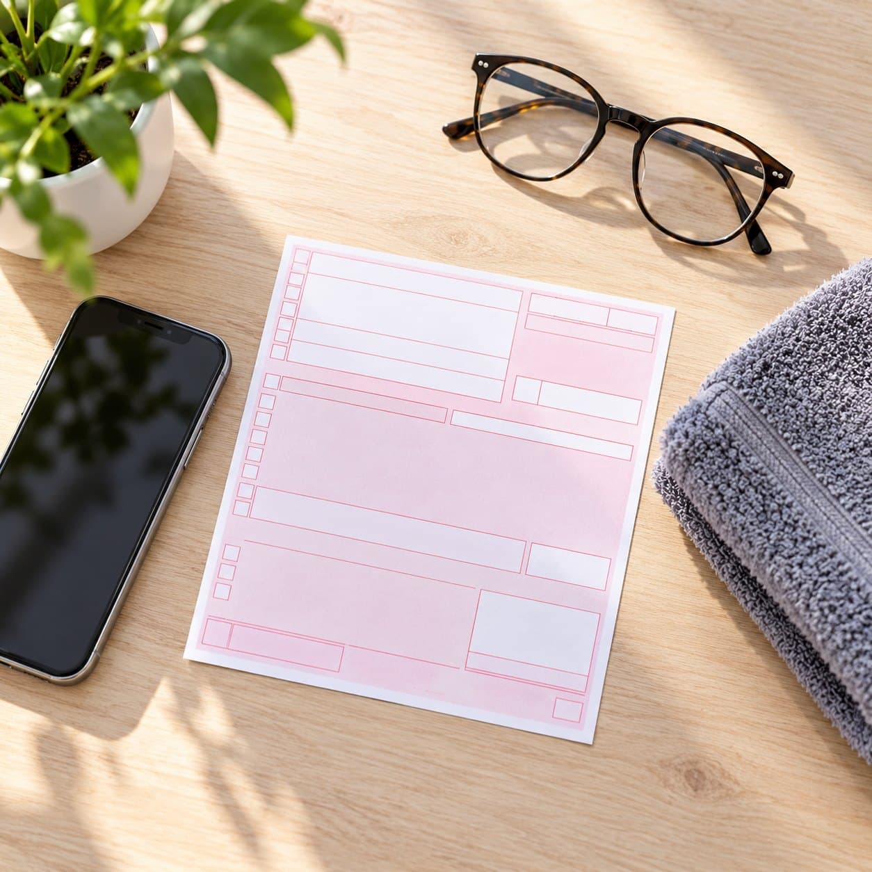 Heilmittelverordnung, Smartphone und Brille auf dem Schreibtisch